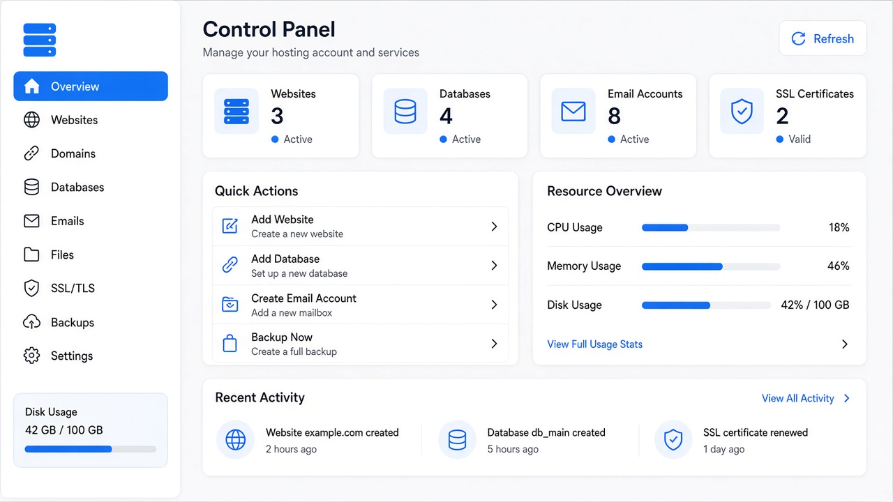 Illustration of a hosting control panel for managing multiple client accounts.